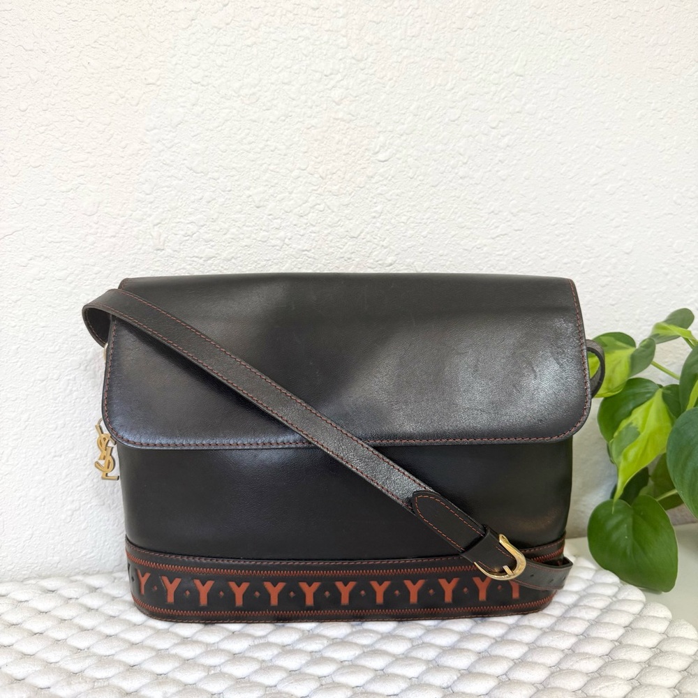 YSL Yves Saint Laurent Crossbody Shoulder Bag Leather Black Orange